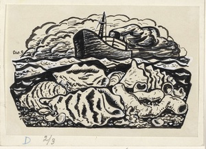 Stoomschip op zee met schelpen op het strand