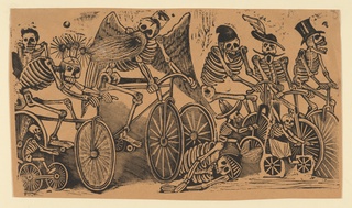 Skeletons (calaveras) riding bicycles