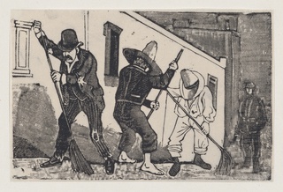 A group of men sweeping the street