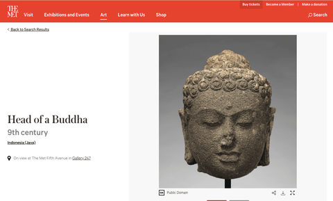 A screenshot of the Metropolitan Museum of Art's website shows an entry for a head of Buddha.