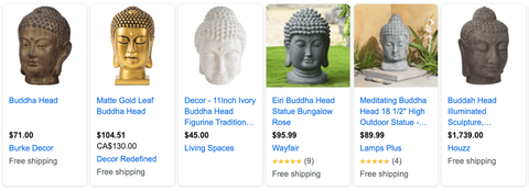 A screenshot from Google Shopping showing a row of heads of Buddha.