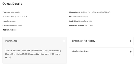 Screenshot of the Metropolitan Museum of Art website showing metadata.
