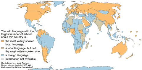 A map of the world with countries shaded either orange and beige or blue.