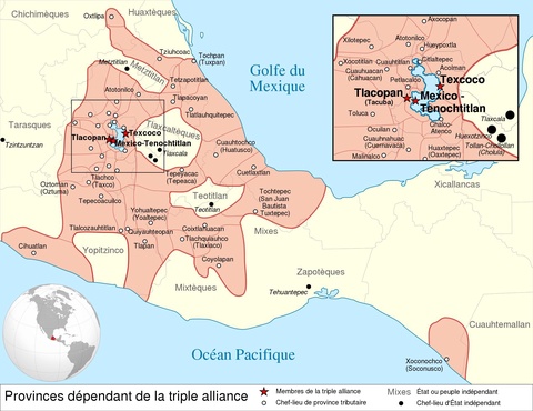 A light yellow map of what is now central and southern Mexico reveals the extent of the Aztec empire prior to Spanish conquest. Aztec territory is highlighted in pale red, and a square inset shows a close-up view of the territory around Tenochtitlán. 

