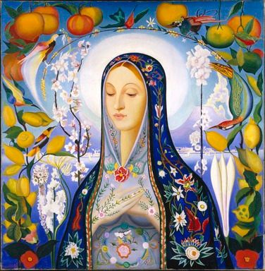  A 1926 oil on canvas painting by Joseph Stella. The Virgin Mary is depicted with a halo around her head and a border of fruits, flowers and birds. Her garments are painted with floral motifs and her neck is elongated. 