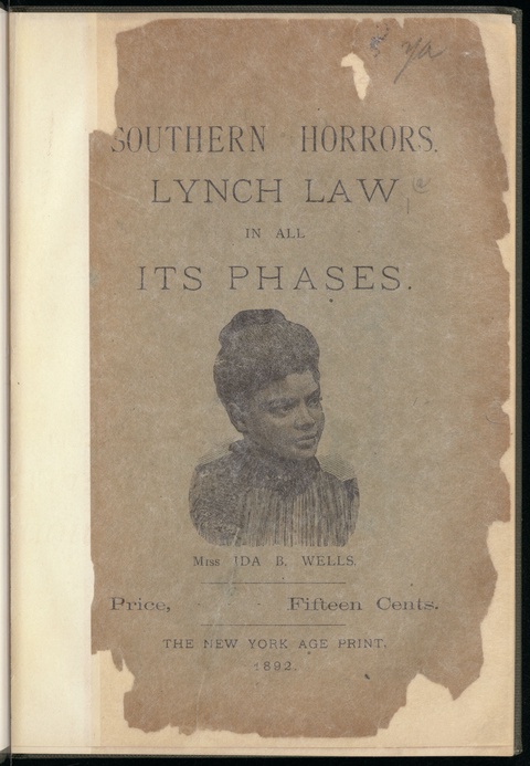 Cover page of Wells’s book, printed in black ink on yellowing paper, and featuring the title in bold letters and a portrait of Wells depicting from the shoulders up. She looks to the right with a strong yet gentle expression. 