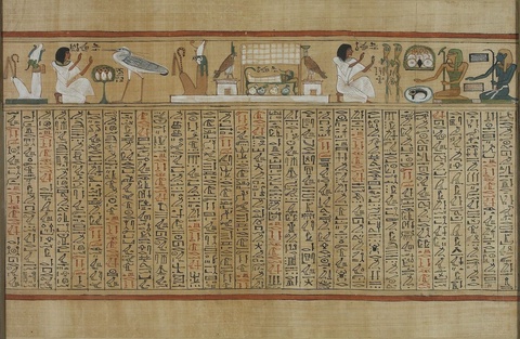 Hieroglyphs from an Egyptian coffin text of the Bennu bird and a variety of gods.