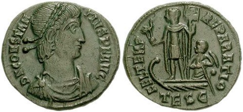 A coin from the era of Constantius II showing the Byzantine emperor on a boat steered by victory, ho