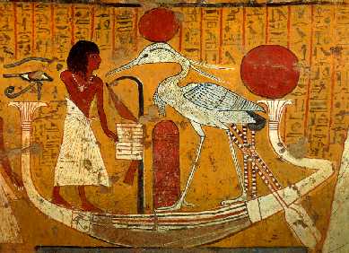 The Bennu bird standing next to an ancient Egyptian man in a tomb relief.