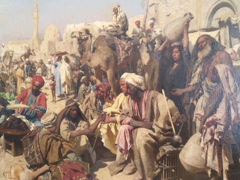 A close-up and lively portrayal of an open-air bazaar in Cairo.