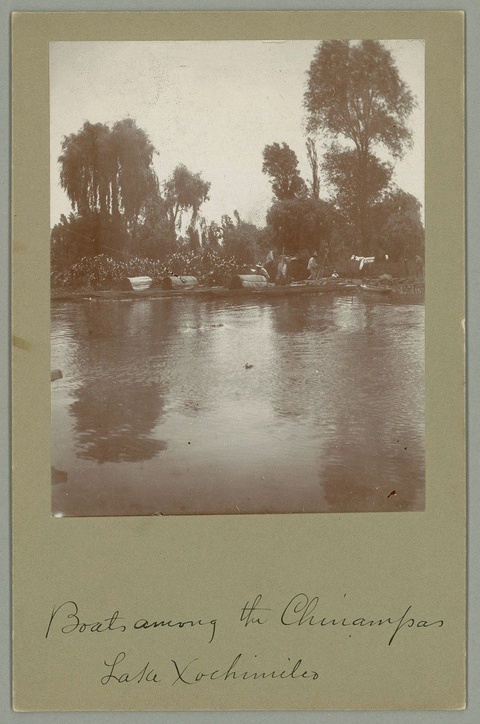 A grayscale photograph mounted on olive green paper. The photograph shows water in the foreground and trees and vegetation on an island in the background. Two barely visible people walk on the island. A few boats are pulled up onto shore. Beneath the photograph, someone has written “Boats among the Chinampas Lake Xochimilco” in cursive in black ink.