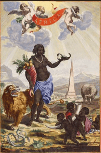 Africa is portrayed as a land of unique beauty, with stunning architecture and diverse wildlife  including snakes, scorpions, lions, and a majestic elephant, which have now become de rigueur archetypal African wildlife for the West. It also shows a woman from Africa.