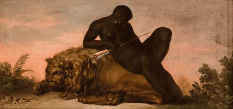 An oil painting of a naked black woman resting on a lion holding a single arrow, surrounded by sky with some foliage in each lower corner. 