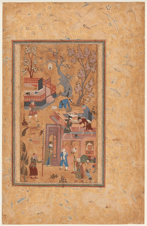This scene illustrates a story from a Persian poem called Mantiq al-Tair (Language of the Birds), in which a hoopoe bird relates a series of metaphorical stories in order to instruct his fellow birds. In this instance, he tells the story of a son mourning his father in response to a bird who expresses his fear of death.