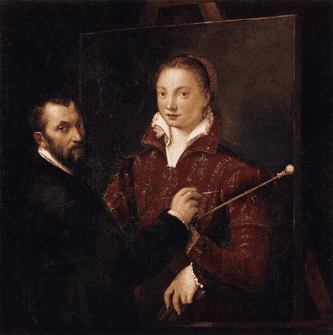 A painting shows a light-skinned bearded man in black clothes painting a large image of a woman with blond braided hair and a European Renaissance-style dress. 