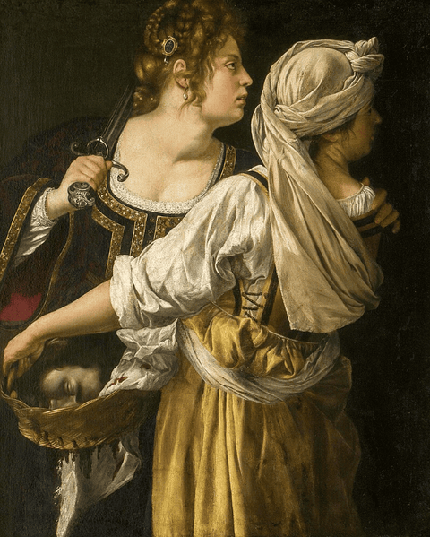 A painting of two light-skinned women in European Renaissance gowns, one facing the viewer and one with her back to the viewer, both staring over their shoulders out of the frame. One woman holds a sword over her shoulder. The other woman balances a basket containing a severed head on her hip. 
