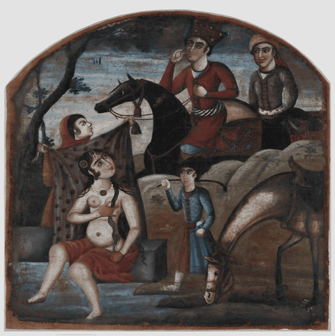 This canvas was made by artists under the Zand rule in Iran between 1751 to 1794.This large canvas depicts Shirin bathing while a female attendant tries to cover her when they become aware of two strangers, Khusrau and Shapur observing them. Another male attendant stands next to Shirin as Shabdiz drinks water from the stream. The ornate hair ornaments and necklace on Shirin display her royal status at the same time the figurative aspect of this style enhances the contours of Shirin’s naked body and makes her breasts prominent. Khusrau bites his finger in a state of wonder while Shirin tries to pull her tresses over to cover herself. He is accompanied by the artist Shapur on another horse right behind him. Her second attendant is beside Shabdiz whose head is lowered to drink from the stream.