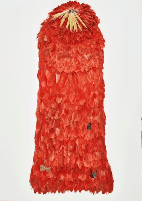 A cascading scarlet cape made of a layer upon layer of red feathers. 