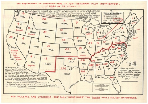 A map of the 48 lower United States of America marked with red ink on each state to indicate the lynchings that occurred there from 1889 to 1921.