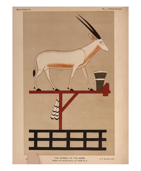 An illustration in a book describes a hieroglyph consisting of “an oryx standing before a bundle of 