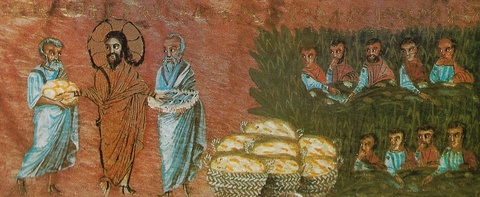 An icon depicts a Christ figure touching bread and fish on one side of the composition while a group of people wait hungrily on the other.