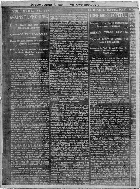 A black and white photocopy/mimeograph of a full page from the Daily Inter-Ocean newspaper. Three columns of text, including the headline, “Against Lynching: Ida B. Wells and her Recent Mission in England.”