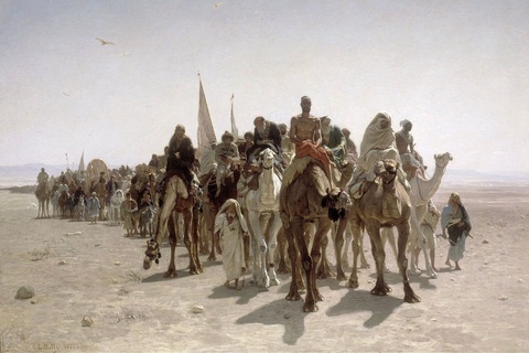 Realistic painting depicts a pilgrims' caravan, a group of hundreds traversing a sandy desert to Mecca.