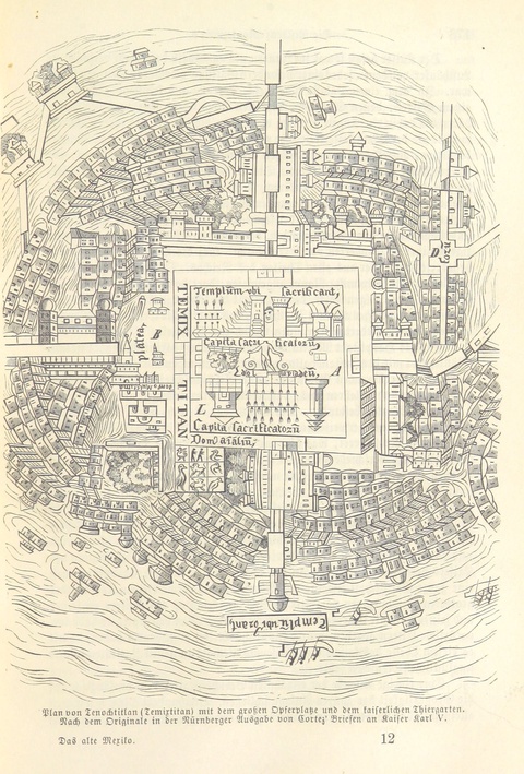 An old map in black ink on a pale yellow background shows an aerial view of the city of Tenochtitlán. The city sits on an island surrounded by sketchy waves. It consists of houses surrounding a grand central plaza.