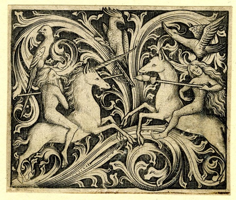 This print, from a 15th century book, demonstrates a comical and arguably sexist trope from medieval European literature. A naked man riding a unicorn, and a naked woman riding a horse, joust. 