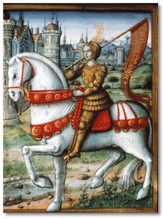 This is one of the earliest extant images of Joan of Arc, from about 70 years after her death in 1431. Jean Pichore, a Parisian illuminated manuscript painter, created this image as part of Lives of Famous Women. 