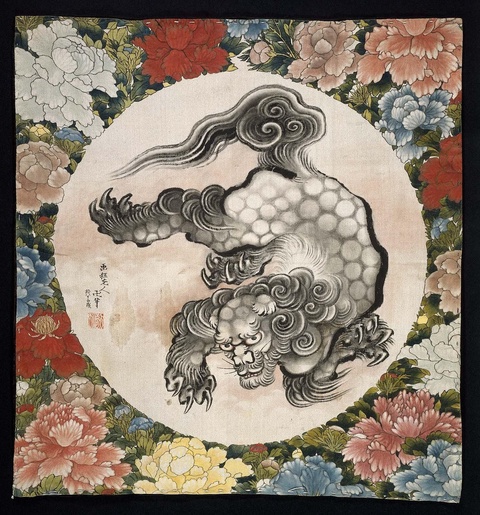 In this collaboration between daughter and father, completed when Hokusai was 85 years old, Ōi made the polychrome peony perimeter and Hokusai made the central mythological lion (karashishi) figure.