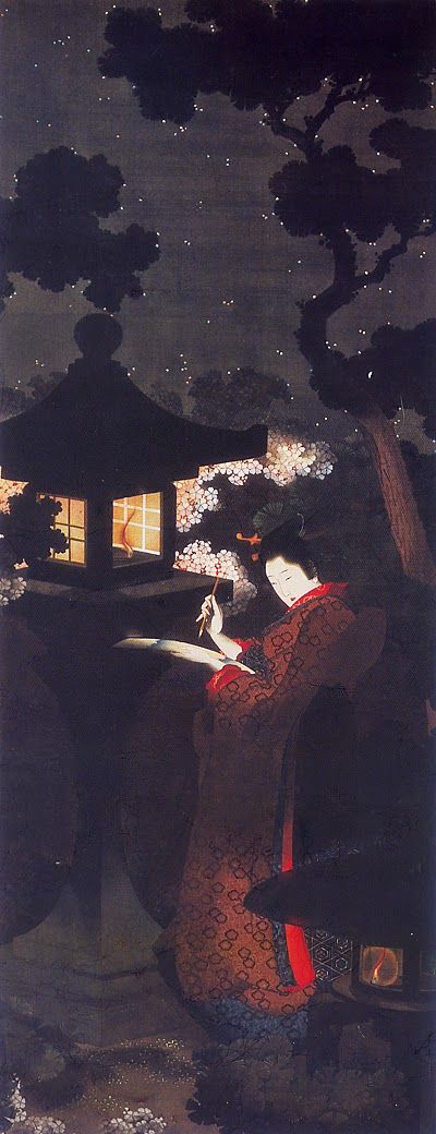 The vertical portrait-orientation of this hanging scroll and darkness surrounding the edges allows bright light to focus on the central figure’s face. She holds a pen and appears to be composing poetry surrounded by cherry blossoms and starlight. 