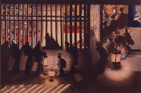 Katsushika Ōi, *Courtesans Showing Themselves to the Strollers through the Grille* ca. 1818-1860. Õta Memorial Museum of Art, no known restrictions. In this painting of courtesans in a pleasure quarter, lamplight and shadows spill upon the scene.