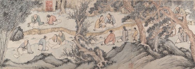 A creek runs through a group of men sitting among trees and bamboo.