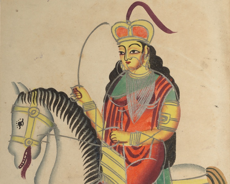 A woman holding a sword rides a horse.
