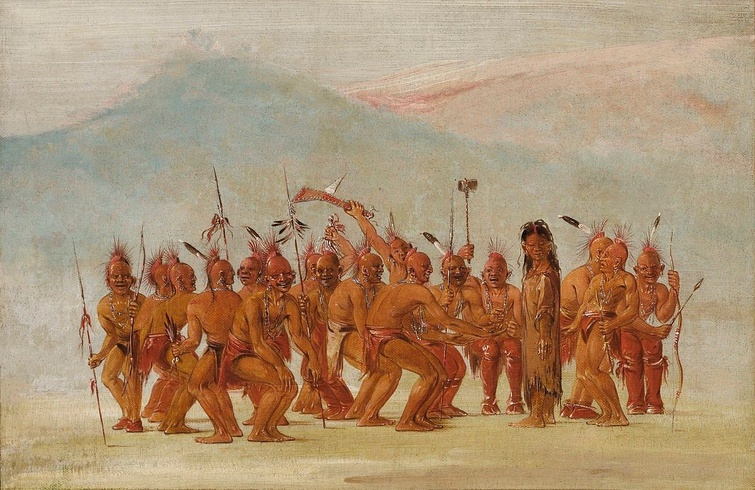 A painting depicting the Fox tribe dancing. The men wear headdresses and carry staffs, axes, and hatchets. One figure dressed in women's clothing stands still and looks out at the viewer.