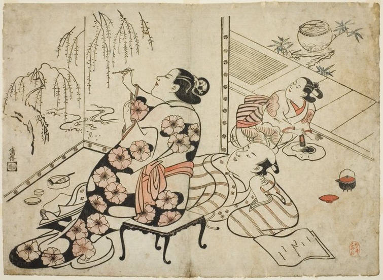 A print on yellowed paper depicts a seated woman in a flowered kimono painting willow fronds onto a screen that fills the upper left corner of the image. Painting implements litter the space near her. 
