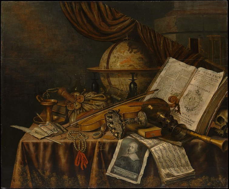A still life that includes a globe, several books that are opened and closed, a few decorative vessels, musical instruments, jewelry, a human skull, and a picture of a man.