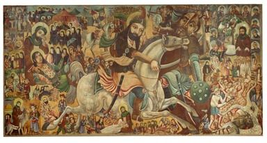 An oil painting depicting the Battle of Karbala and related scenes. Abbas rides a white horse in the center and stabs a member of the Yazid Army. Martyred figures, figures with halos, demons and creatures devouring figures are present throughout the work.