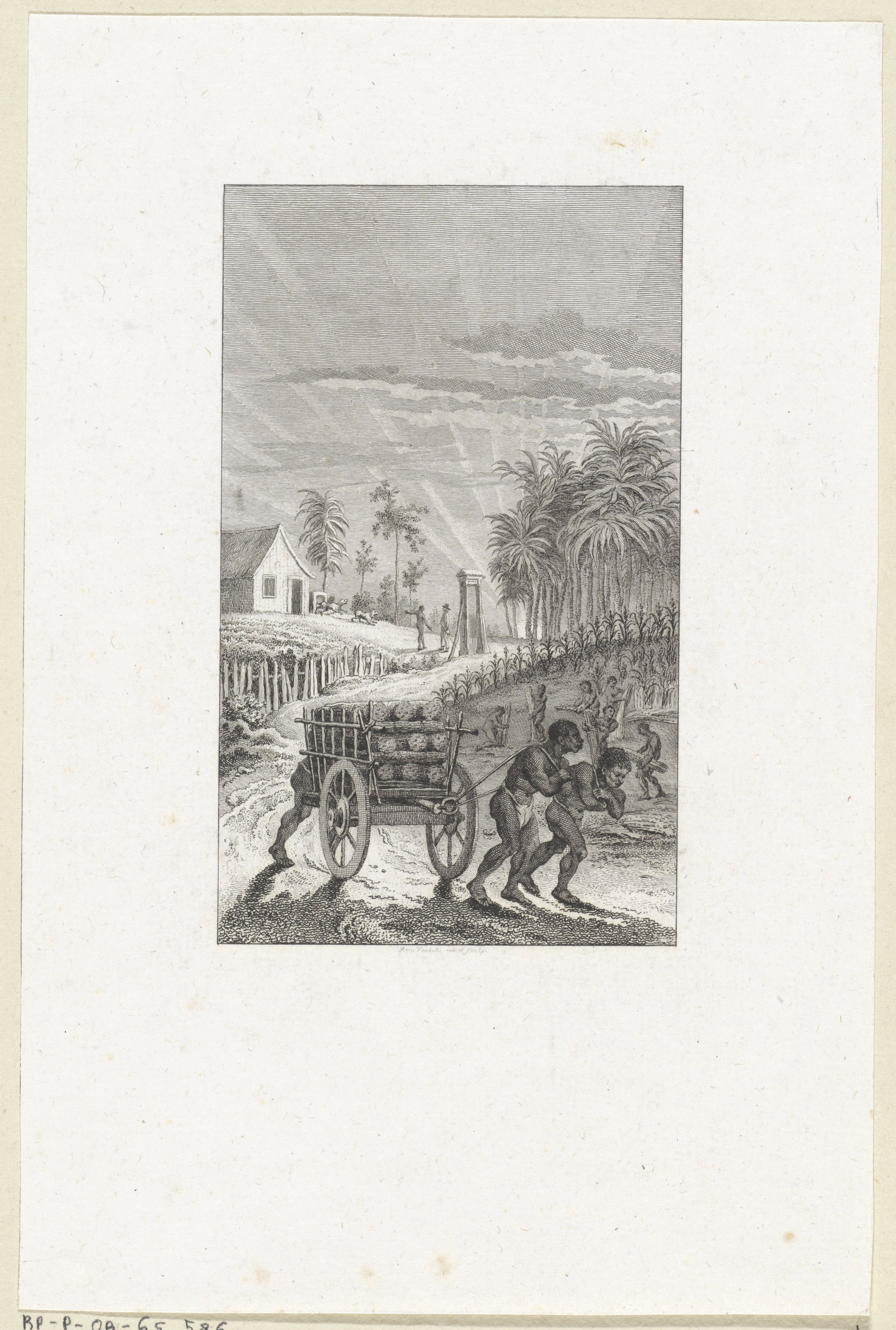 A black and white engraving shows an idyllic plantation landscape. In the background, a white colonist walks towards a house where he is greeted by a dark-skinned worker and two dogs.